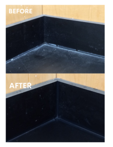 Before and After picture of caulk repair in a eating bar