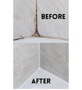 Before and After picture of caulk repair in a shower