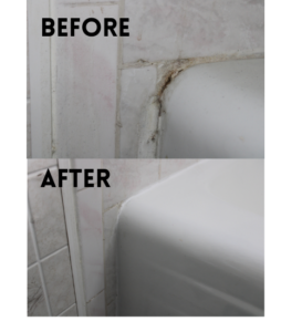 Before and after pictures of good Caulk repair in a shower.